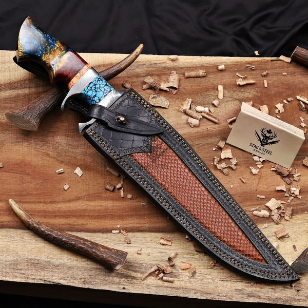 leather sheath copper damascus knife