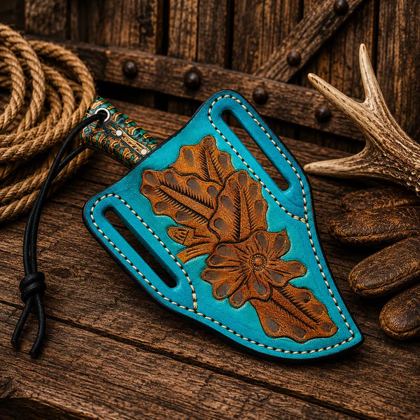 A turquoise leather sheath with carved brown floral and leaf detailing, shown on a rustic wooden surface with rope, antlers, and leather gloves nearby.