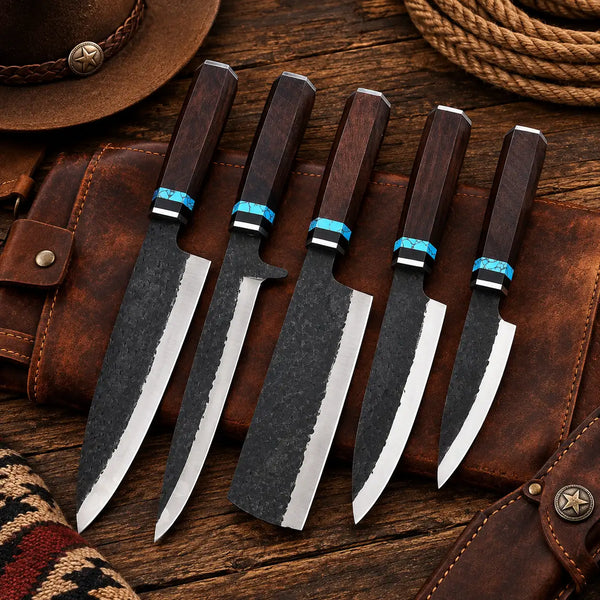 5-piece Damascus steel kitchen knife set with dark wooden handles and blue stone accents on a wooden cutting board