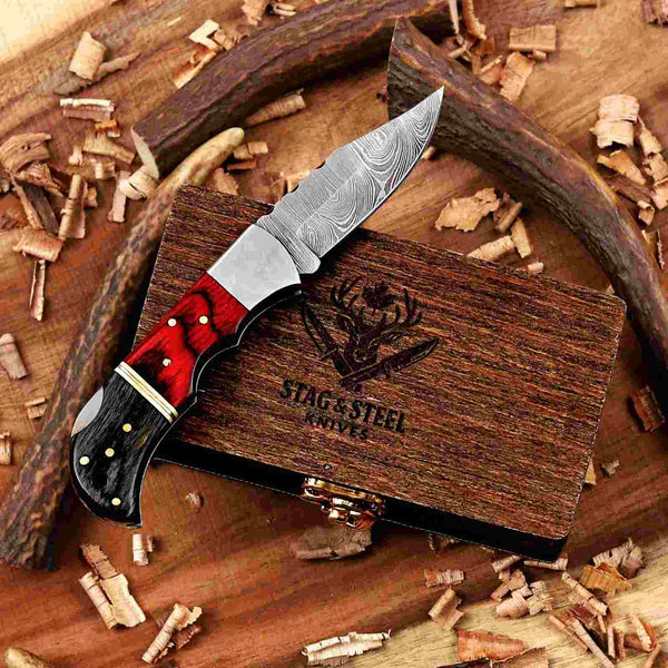 Red & Black Damascus Folding Knife | Handmade EDC Blade with wooden box