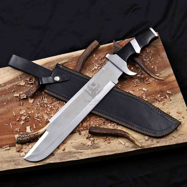 Predator handmade D2 steel bowie knife with black Micarta handle and leather sheath