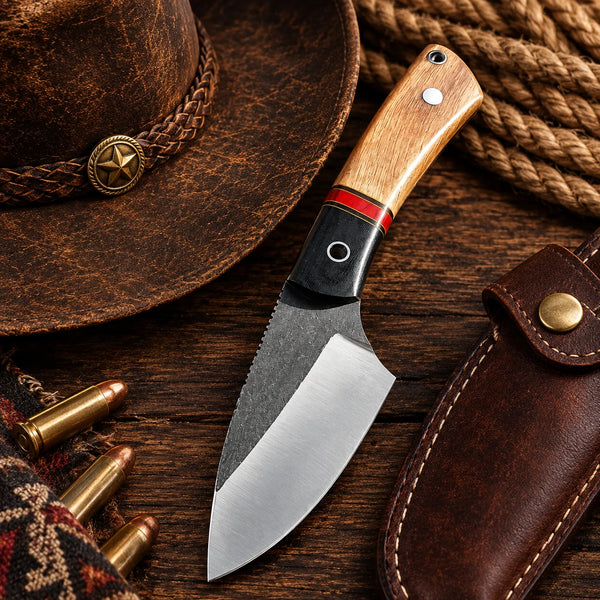 Handmade stainless hunting knife with Micarta, red turquoise and ram horn handle held in hand Copy