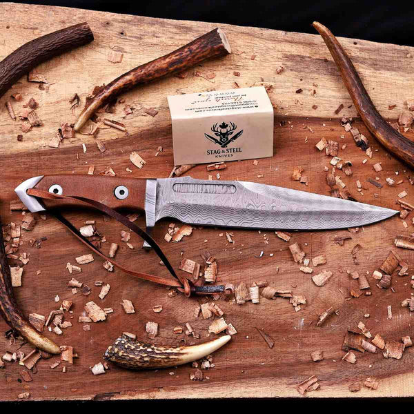 Rambo style Damascus bowie knife with Stag Steel Knives care card