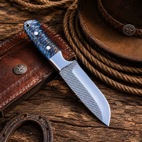 Retained farrier rasp file teeth across the flat of a mirror-polished cowboy knife blade