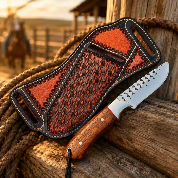 A fixed-blade rasp steel knife with a patterned brown leather sheath and wooden handle, displayed on rustic wood with a rope and a blurred outdoor western background.