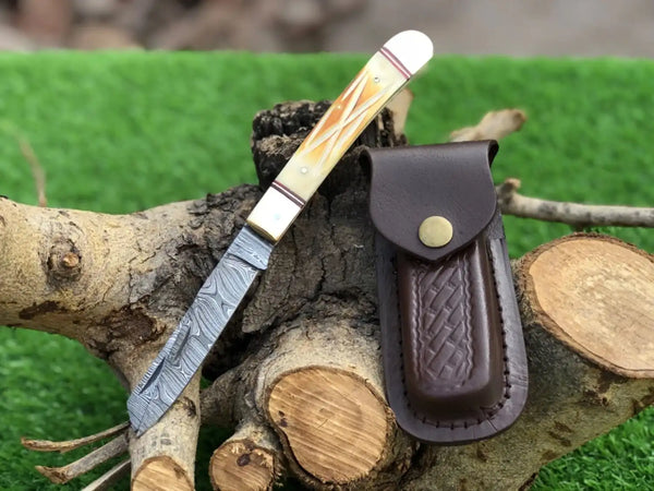Damascus Trapper Knife Handmade Camel Bone Fold