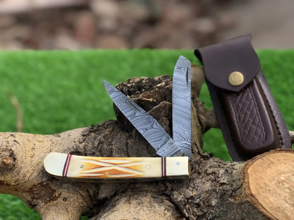 Damascus Trapper Knife Handmade Camel Bone Fold