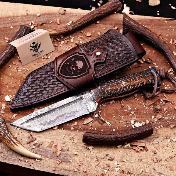 San Mai Damascus tanto knife with skull-engraved leather sheath