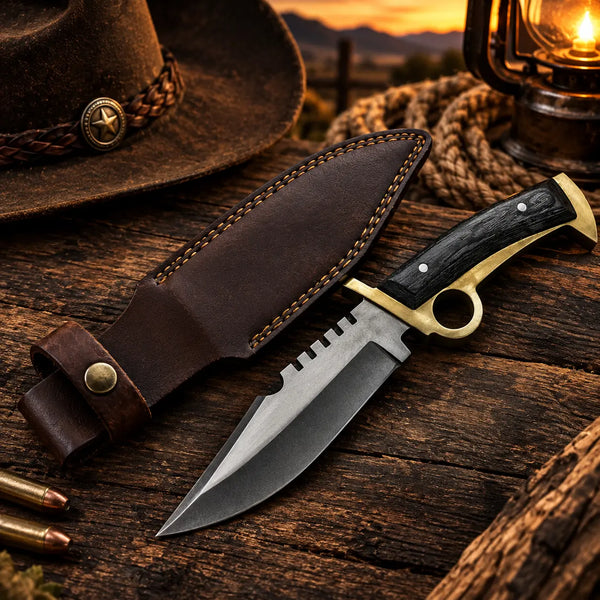 Sawback camp knife with brass guard and pommel beside a stitched leather sheath