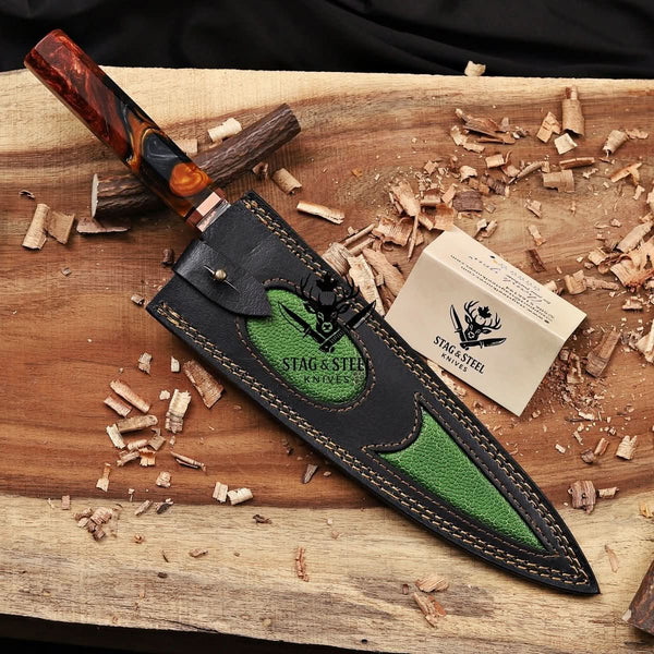 Copper Damascus Chef Knife - 10" Cu-Mai Blade with Resin Handle