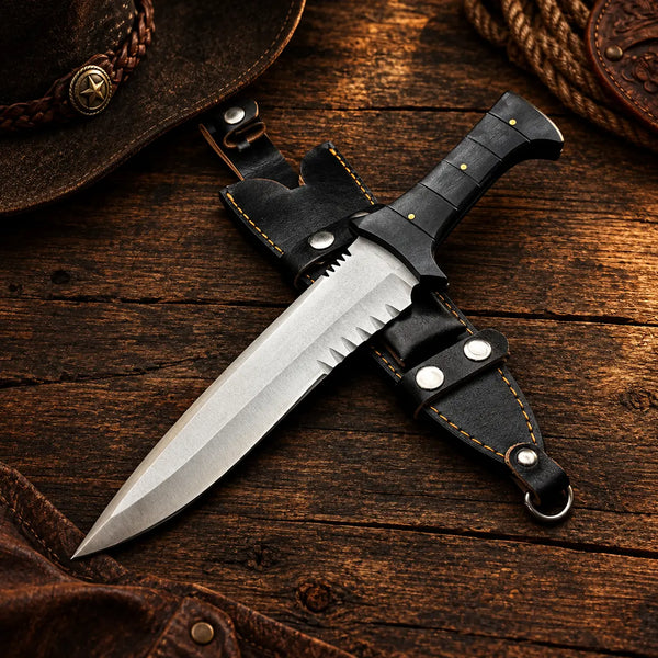 Spear point fixed blade knife with black Micarta handle and drop-leg leather sheath