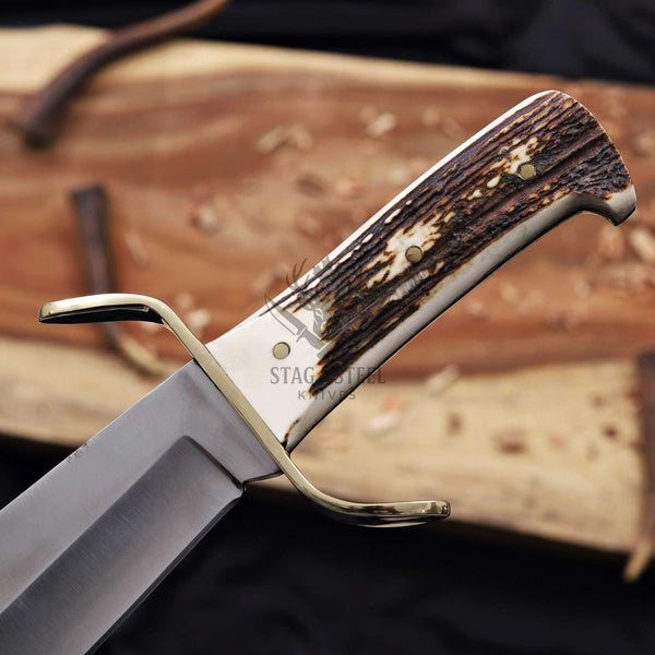 Stag antler bowie handle with brass pins and full tang