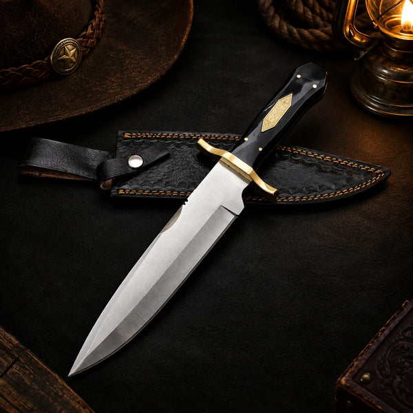The Namesake Bowie, a personalized Bowie knife with brass name plate, black horn handle and brass guard