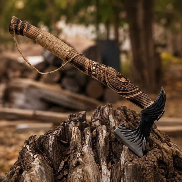 Handmade Norse Viking Axe with Decorative Carved Handle