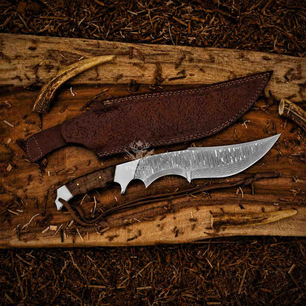 handmade Damascus Bowie knife with leather sheath