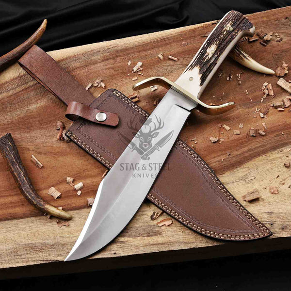 D2 western bowie knife with stag antler handle and black leather sheath
