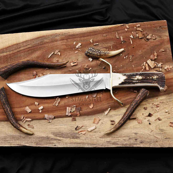 Western bowie knife D2 clip-point blade with antler handle