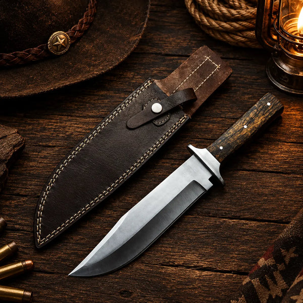 Handmade Western Bowie knife with 10 inch stainless clip point and wood handle beside a leather sheath