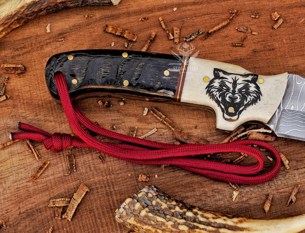 Wolf engraved handle on damascus hunting knife full tang hunter knife