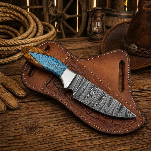 Knife with a blue blade and silver handle in a brown leather sheath on a wooden surface with rustic background.