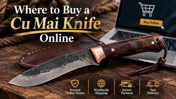 Where to Buy a Cu Mai Knife Online, showing a handcrafted Cu Mai knife with a layered steel blade, wood handle, and leather sheath.