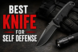 Best knife for self defense with a tactical folding knife, flashlight, and gloves.