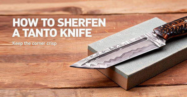 Tanto knife on a sharpening stone with text on how to sharpen a tanto knife