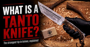 Tanto knife showing the angular tanto point and straight edge