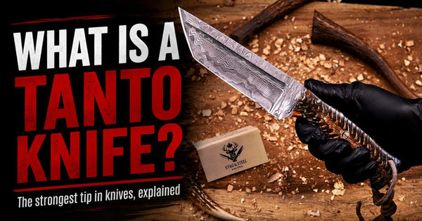 Tanto knife showing the angular tanto point and straight edge