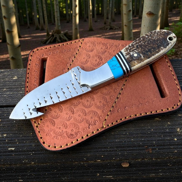 Handmade Gut hook knife with Antler handle and Pancake sheath