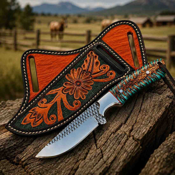 Handmade Rasp Steel Cowboy knife with pincone handle and pancake leather sheath