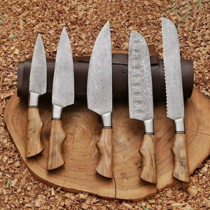 Serrated Damascus Bread Knife with Ash Wood Handle