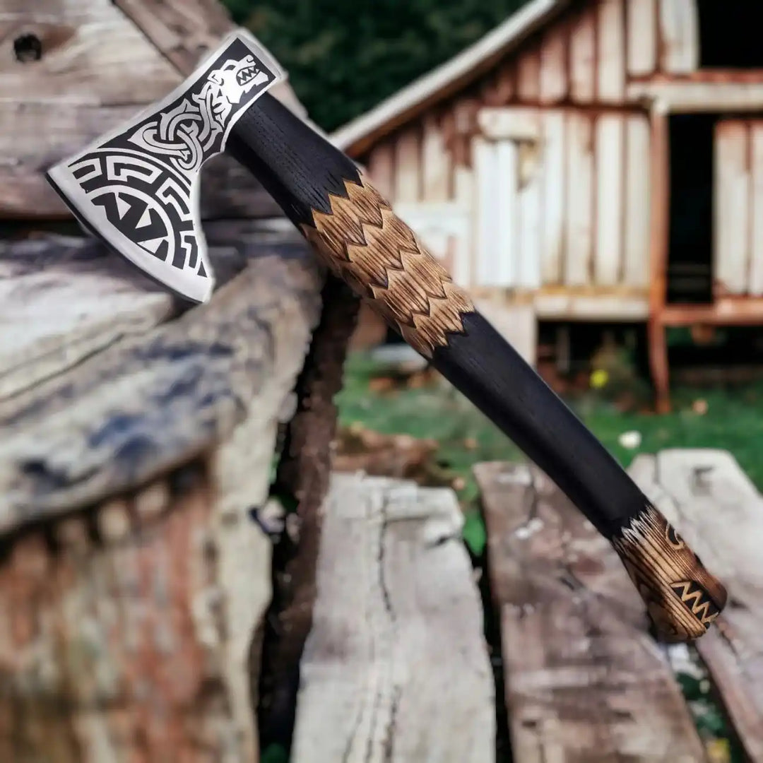 Slavic Viking Axe with Kolovrat Sunwheel Design