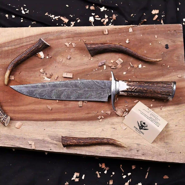 16 inch Feather Damascus bowie knife with antler horn handle full view