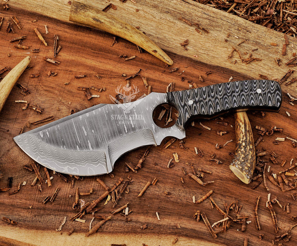 Hand-Forged Damascus Bushcraft Knife – Grey Micarta Handle, Full-Tang Fixed Blade with Leather Sheath