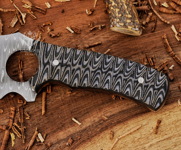 Hand-Forged Damascus Bushcraft Knife – Grey Micarta Handle, Full-Tang Fixed Blade with Leather Sheath
