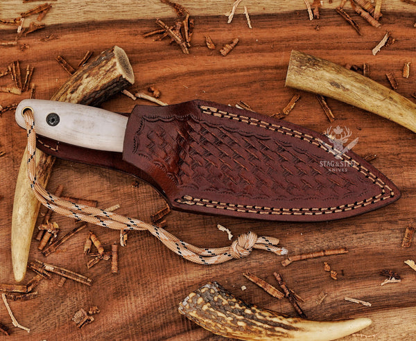 Damascus Steel Boar Hunting Knife – Hand Forged Survival Blade with Camel Micarta Handle & Leather Sheath