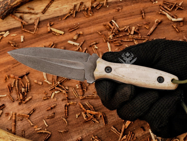 D2 Steel Small dagger- EDC boot knife – Handmade Knife with Camel Micarta Handle & Leather Sheath