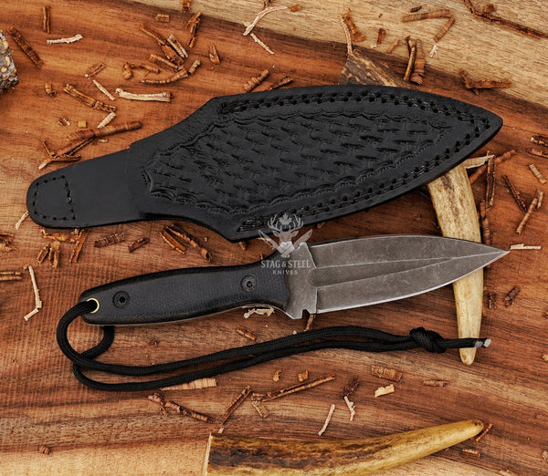 D2 Steel Boar Hunting Knife – Handmade Knife with Black Micarta Handle & Leather Sheath