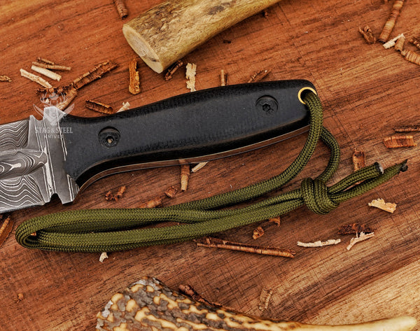 Damascus Steel Boar Hunting Knife – Hand Forged Survival Blade with Black Micarta Handle & Leather Sheath