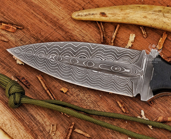 Damascus Steel Boar Hunting Knife – Hand Forged Survival Blade with Black Micarta Handle & Leather Sheath