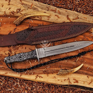 Damascus stainless steel boar hunting knife with black Micarta handle