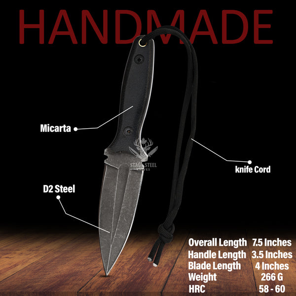 D2 Steel Boar Hunting Knife – Handmade Knife with Black Micarta Handle & Leather Sheath