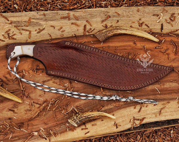 Hand-Forged D2 Steel Hunting Knife: White Micarta Handle, Leather Sheath