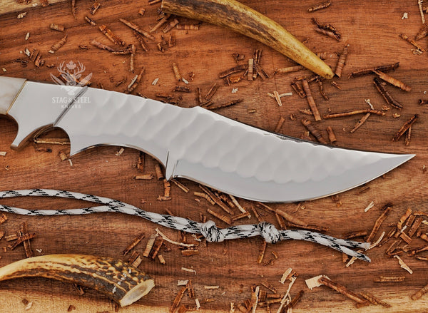 Hand-Forged D2 Steel Hunting Knife: White Micarta Handle, Leather Sheath