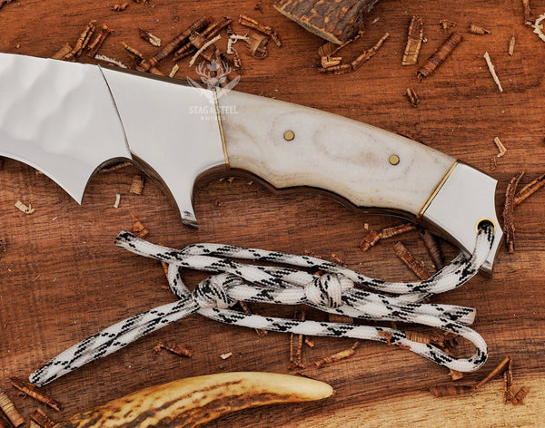 Hand-Forged D2 Steel Hunting Knife: White Micarta Handle, Leather Sheath
