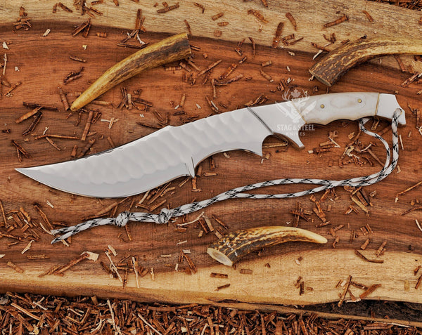 Hand-Forged D2 Steel Hunting Knife: White Micarta Handle, Leather Sheath