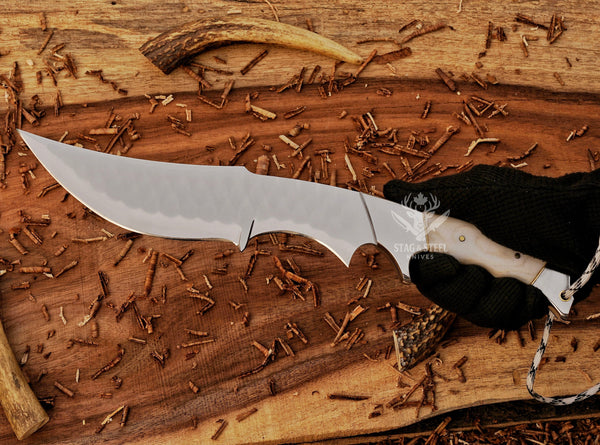Hand-Forged D2 Steel Hunting Knife: White Micarta Handle, Leather Sheath