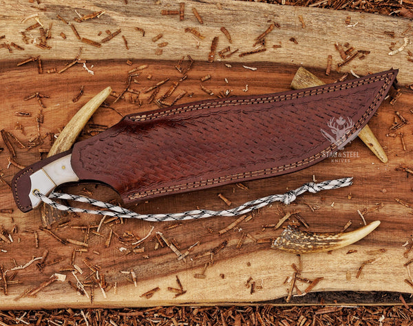 Handmade Damascus Bowie Knife – 8” Hunting Blade with White Micarta  Handle + Leather Sheath