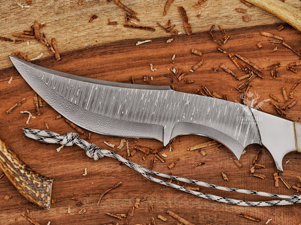 Handmade Damascus Bowie Knife – 8” Hunting Blade with White Micarta  Handle + Leather Sheath